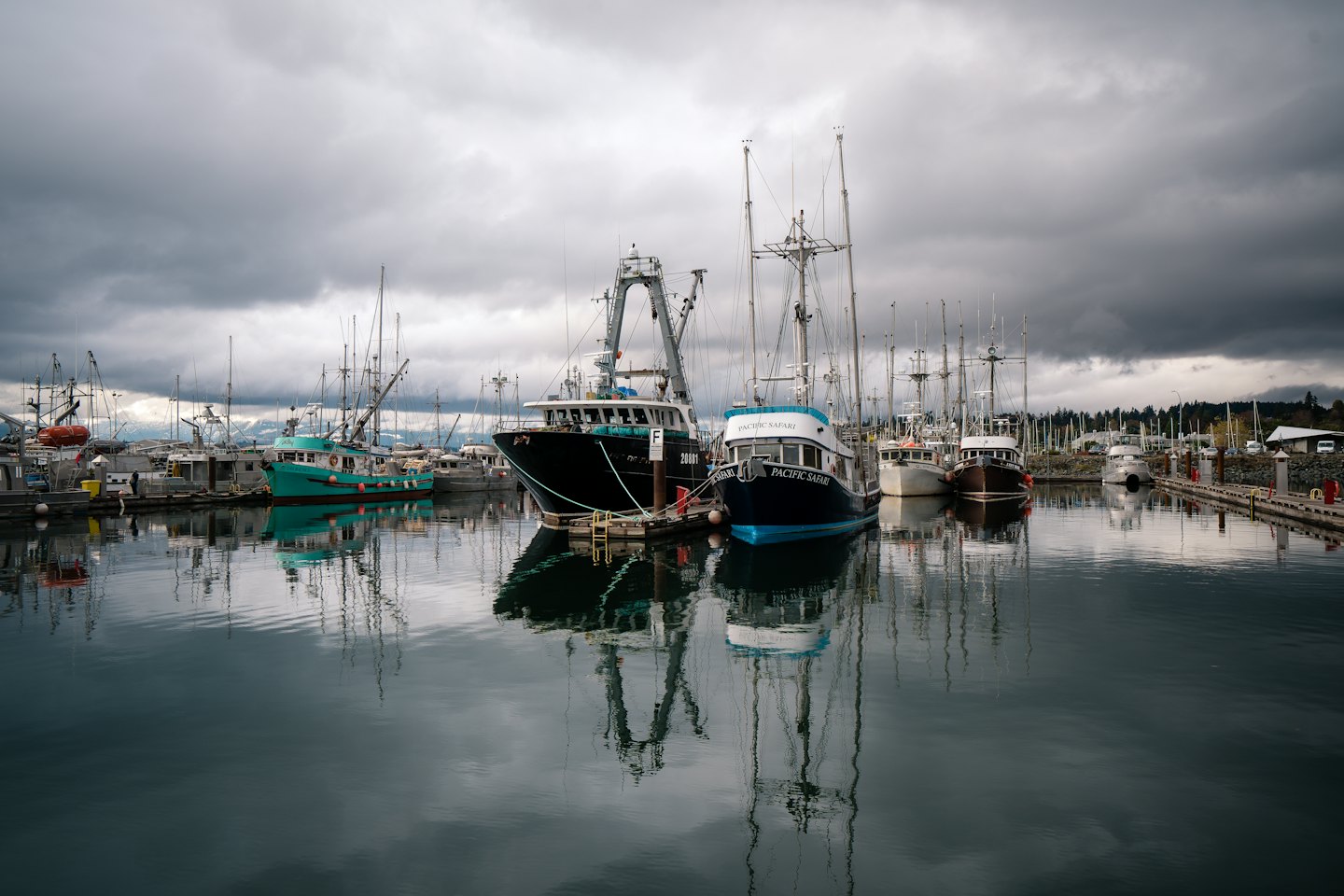 Commercial fishing boats docked in a cloudy marina.