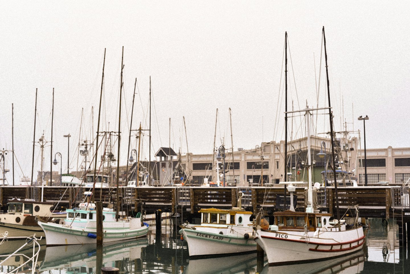 Fishing boats docked at wooden piers in a bustling marina.